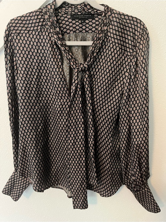 Burning Torch Tops - Burning Torch Black Blouse with Pink Geometric Print and Tie Neck